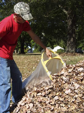 The Bag Mate makes bagging leaves easier by holding the bag open for you while you fill it with leaves.